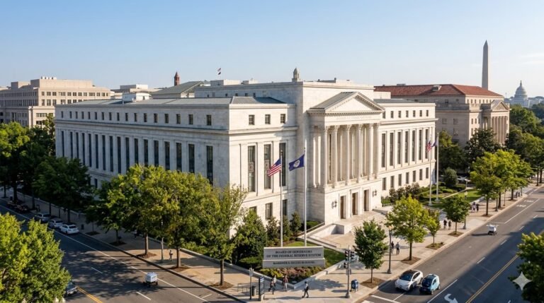 Federal Reserve building Washington DC representing rate cut freeze caused by Iran war inflation preventing mortgage and credit card relief for American households in 2026