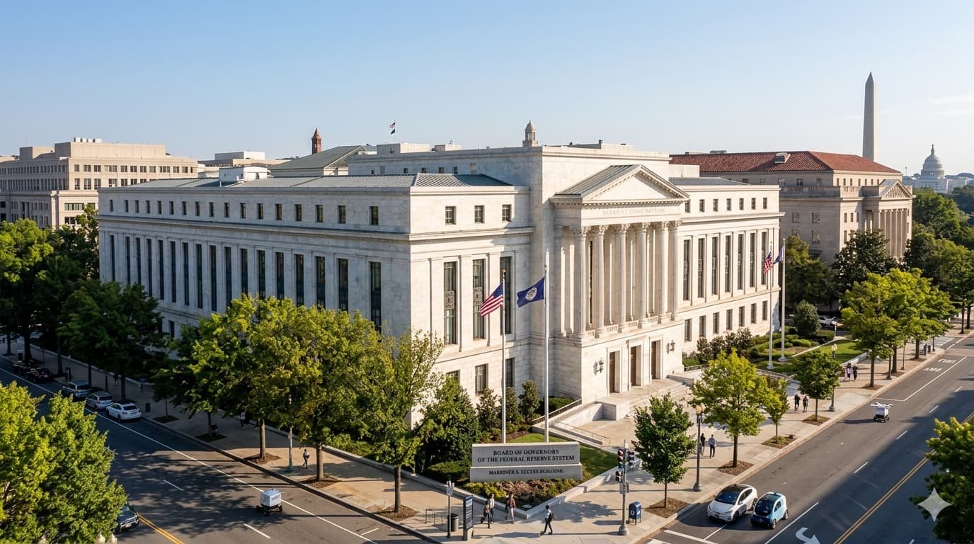 Federal Reserve building Washington DC representing rate cut freeze caused by Iran war inflation preventing mortgage and credit card relief for American households in 2026