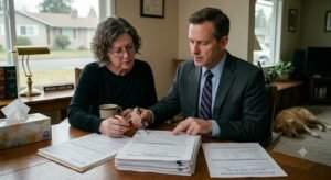 Attorney and client reviewing Chapter 7 bankruptcy petition representing automatic stay protection that stops wage garnishment and foreclosure immediately upon filing