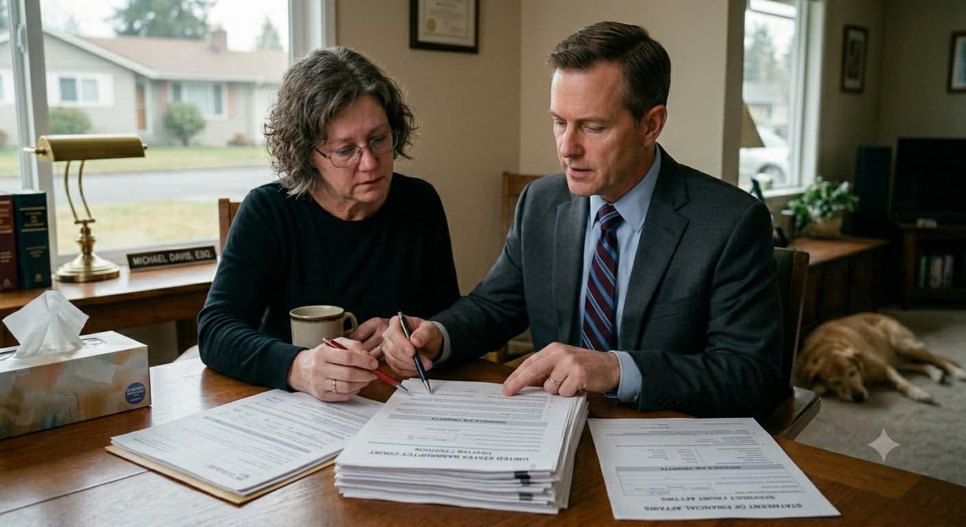 Attorney and client reviewing Chapter 7 bankruptcy petition representing automatic stay protection that stops wage garnishment and foreclosure immediately upon filing