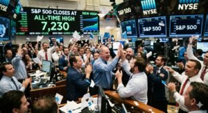 Traders on New York Stock Exchange floor celebrating S&P 500 closing at fresh all-time high of 7230 as Apple earnings and Iran peace hopes lift markets May 1 2026