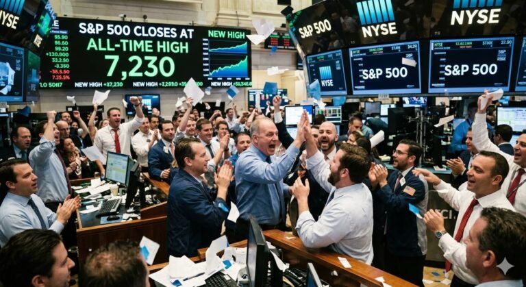 Traders on New York Stock Exchange floor celebrating S&P 500 closing at fresh all-time high of 7230 as Apple earnings and Iran peace hopes lift markets May 1 2026