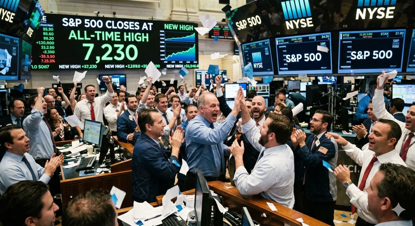Traders on New York Stock Exchange floor celebrating S&P 500 closing at fresh all-time high of 7230 as Apple earnings and Iran peace hopes lift markets May 1 2026