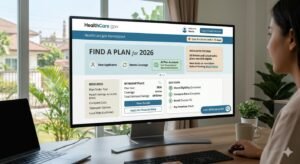 Healthcare.gov marketplace website on computer screen as ACA enrollees face 26 percent average premium increase and out-of-pocket maximum of $10,600 in 2026