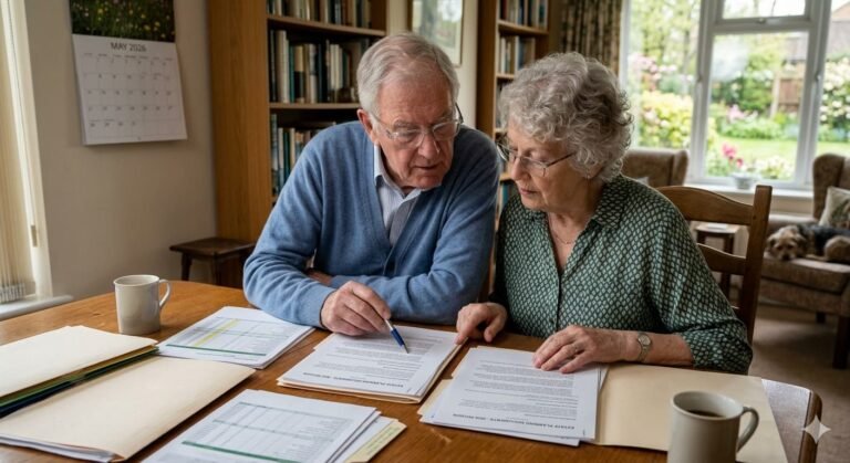 Elderly couple reviewing estate planning documents including will and revocable living