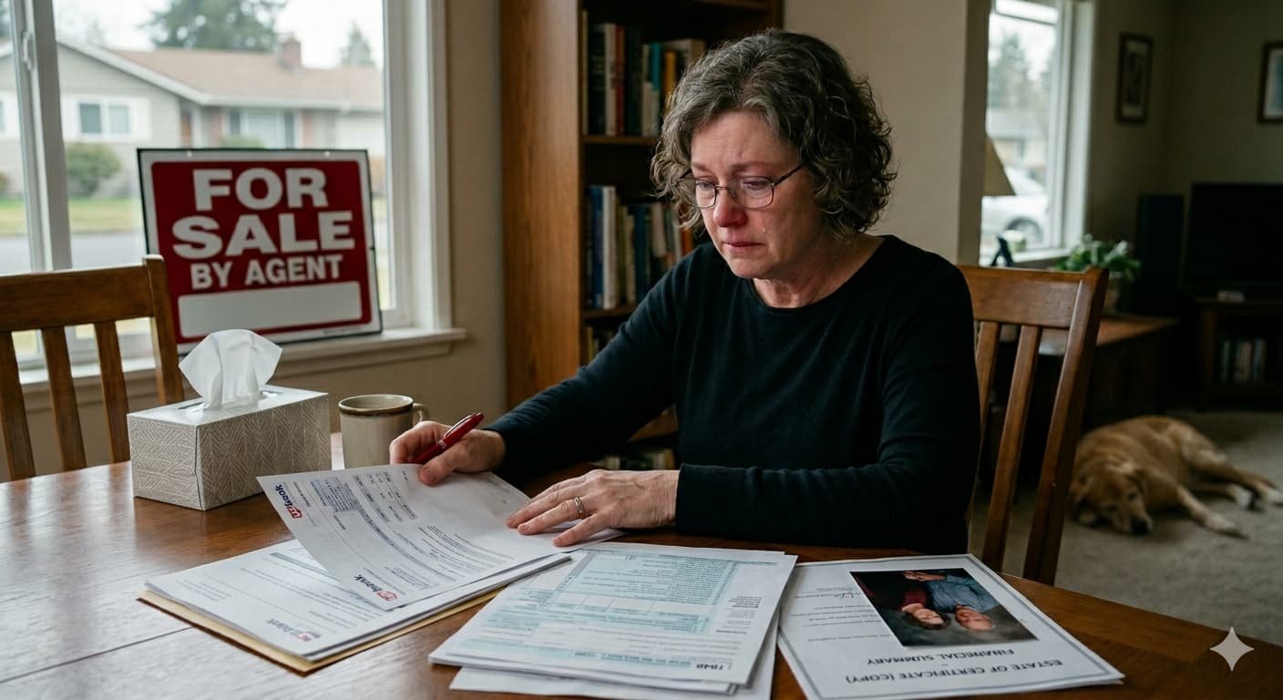 Grieving spouse reviewing financial documents representing the 30% of American families who would face hardship within one month of a wage earner's unexpected death