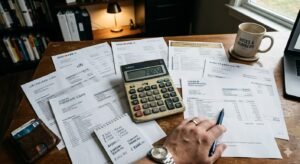 Calculator and credit card bills spread on desk showing debt consolidation math as personal loan rates at 12.26 percent create widest gap with credit card rates in three years May 2026