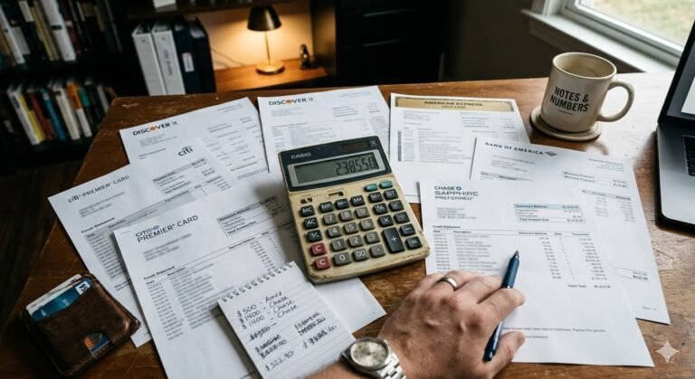 Calculator and credit card bills spread on desk showing debt consolidation math as personal loan rates at 12.26 percent create widest gap with credit card rates in three years May 2026