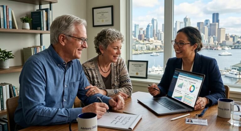 Retired couple working with financial advisor on laptop modeling Roth IRA conversion strategy to fill 22% tax bracket during pre-RMD window between ages 62 and 73 in 2026