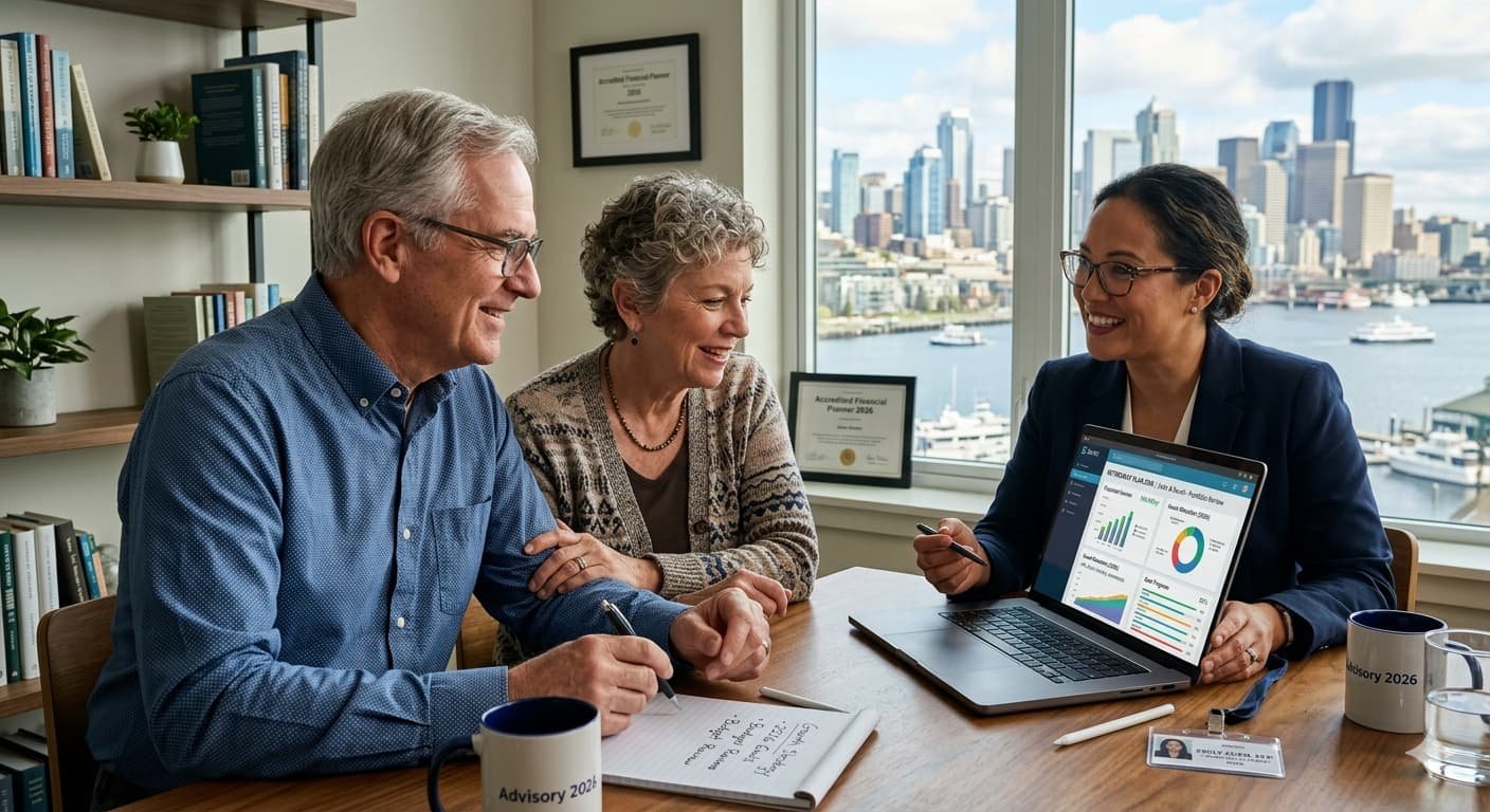 Retired couple working with financial advisor on laptop modeling Roth IRA conversion strategy to fill 22% tax bracket during pre-RMD window between ages 62 and 73 in 2026