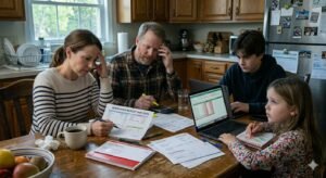 American family reviewing household budget at kitchen table as gas prices and inflation rise in 2026