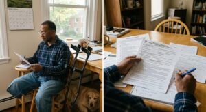 Disabled American reviewing Social Security disability insurance application documents representing 36% initial approval rate and 2+ year wait times in 2026 SSDI backlog