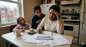 Low-income American family reviewing Medicaid work requirement compliance paperwork representing 11.8 million projected to lose health coverage under OBBBA by 2034 as Iran war energy costs compound in 2026