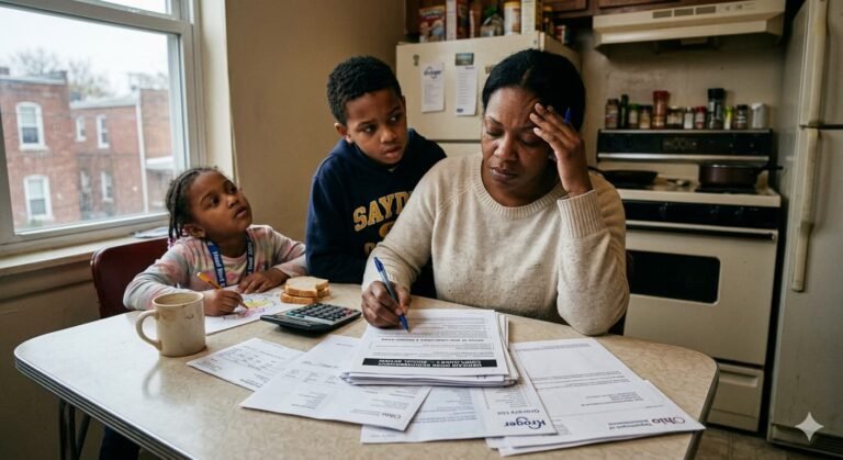 Low-income American family reviewing Medicaid work requirement compliance paperwork representing 11.8 million projected to lose health coverage under OBBBA by 2034 as Iran war energy costs compound in 2026