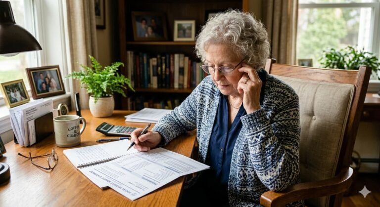 Senior woman reviewing Social Security benefit statement at desk as new bill proposes eliminating earnings test that reduces benefits for early claimers who continue working in 2026