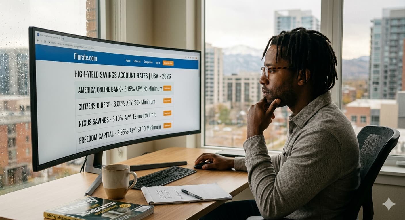 American saver comparing high-yield savings account rates at online banks representing 4.00-4.50% APY available versus 0.01% at traditional big banks in May 2026