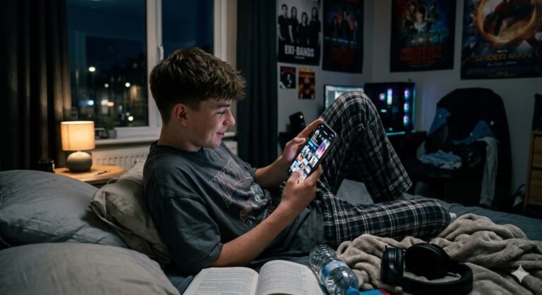 Teenage boy scrolling social media on phone at night as looksmaxxing trend pushes adolescent males toward extreme appearance optimization practices including bone smashing and steroid use