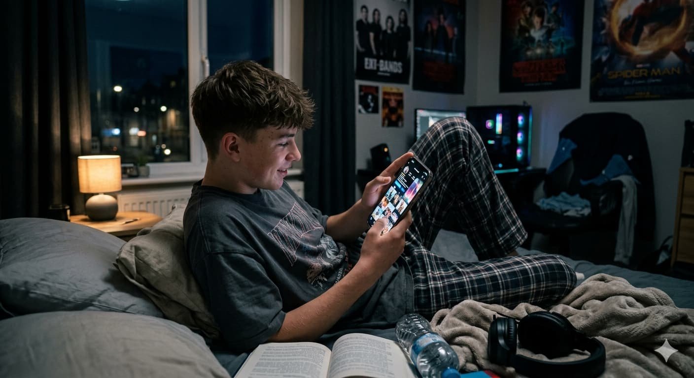 Teenage boy scrolling social media on phone at night as looksmaxxing trend pushes adolescent males toward extreme appearance optimization practices including bone smashing and steroid use