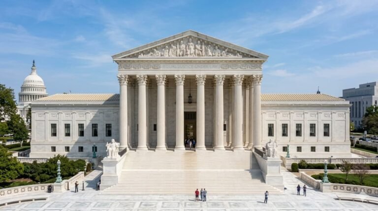 US Supreme Court building in Washington DC as February 2026 ruling striking down IEEPA tariffs forces Trump administration to rebuild trade barriers through Section 232 and Section 301 authority