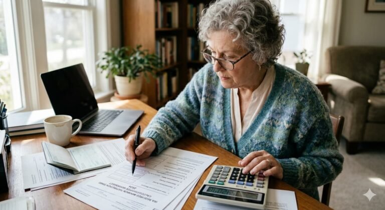 Retiree reviewing IRA required minimum distribution calculation worksheet at desk. make image