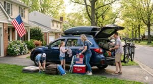 American family loading car for Memorial Day road trip representing 40 million travelers facing $1.37 higher gas prices compared to Memorial Day 2025 amid worst consumer confidence on record