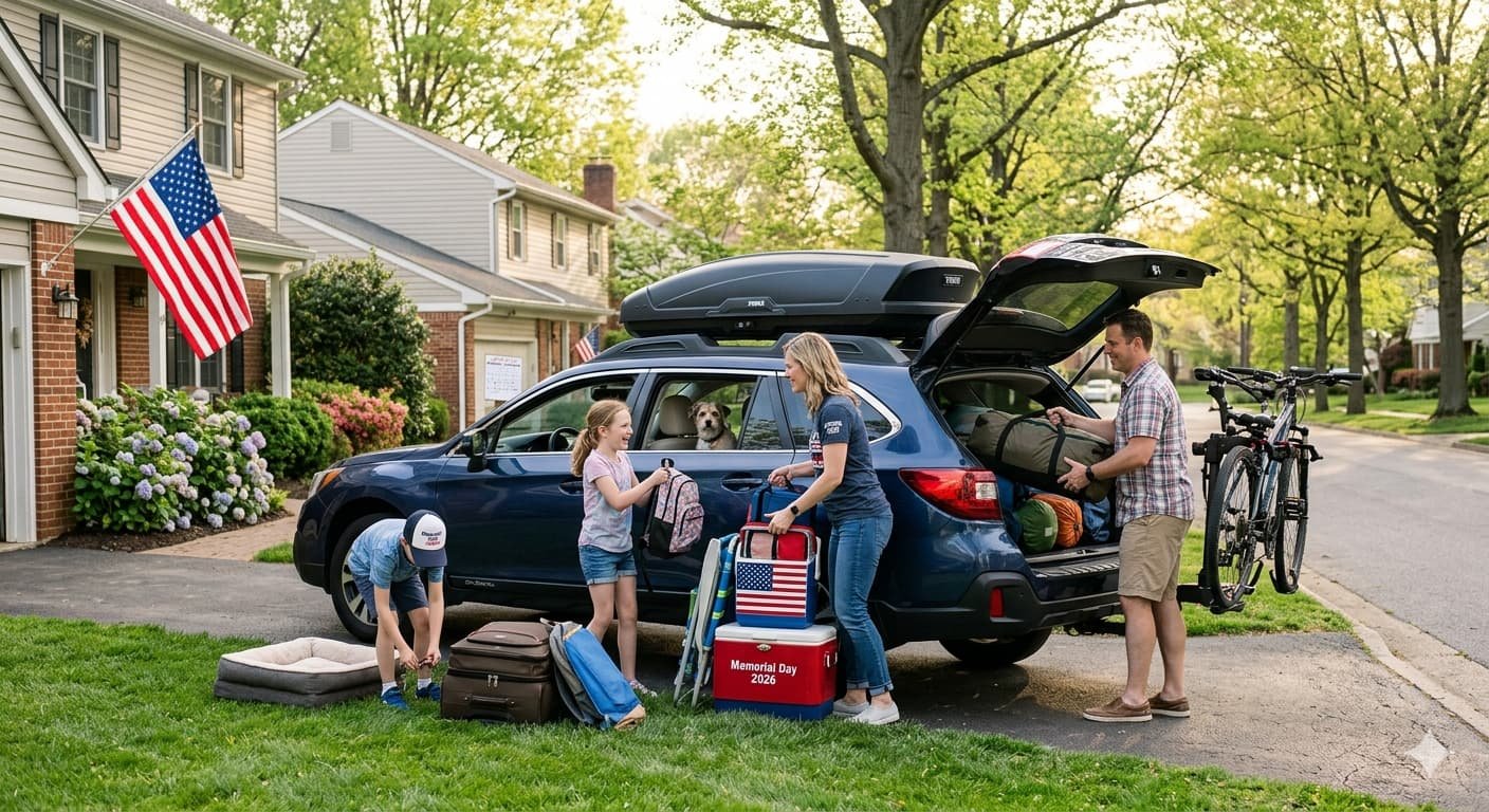 American family loading car for Memorial Day road trip representing 40 million travelers facing $1.37 higher gas prices compared to Memorial Day 2025 amid worst consumer confidence on record