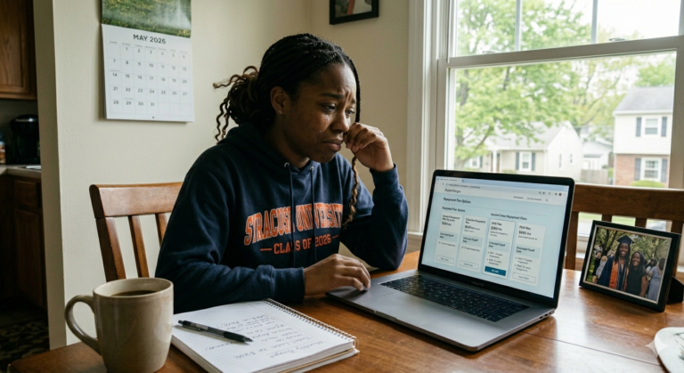 College graduate reviewing federal student loan repayment plan options on laptop as SAVE plan ends and new Repayment Assistance Plan launches July 1 2026