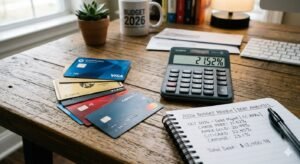 Credit cards fanned out on a table with calculator showing 21.52% APR interest rate and $6,580 average balance in 2026