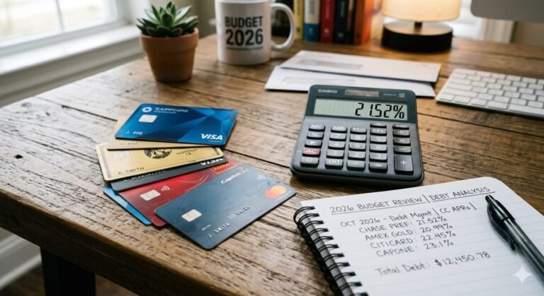 Credit cards fanned out on a table with calculator showing 21.52% APR interest rate and $6,580 average balance in 2026