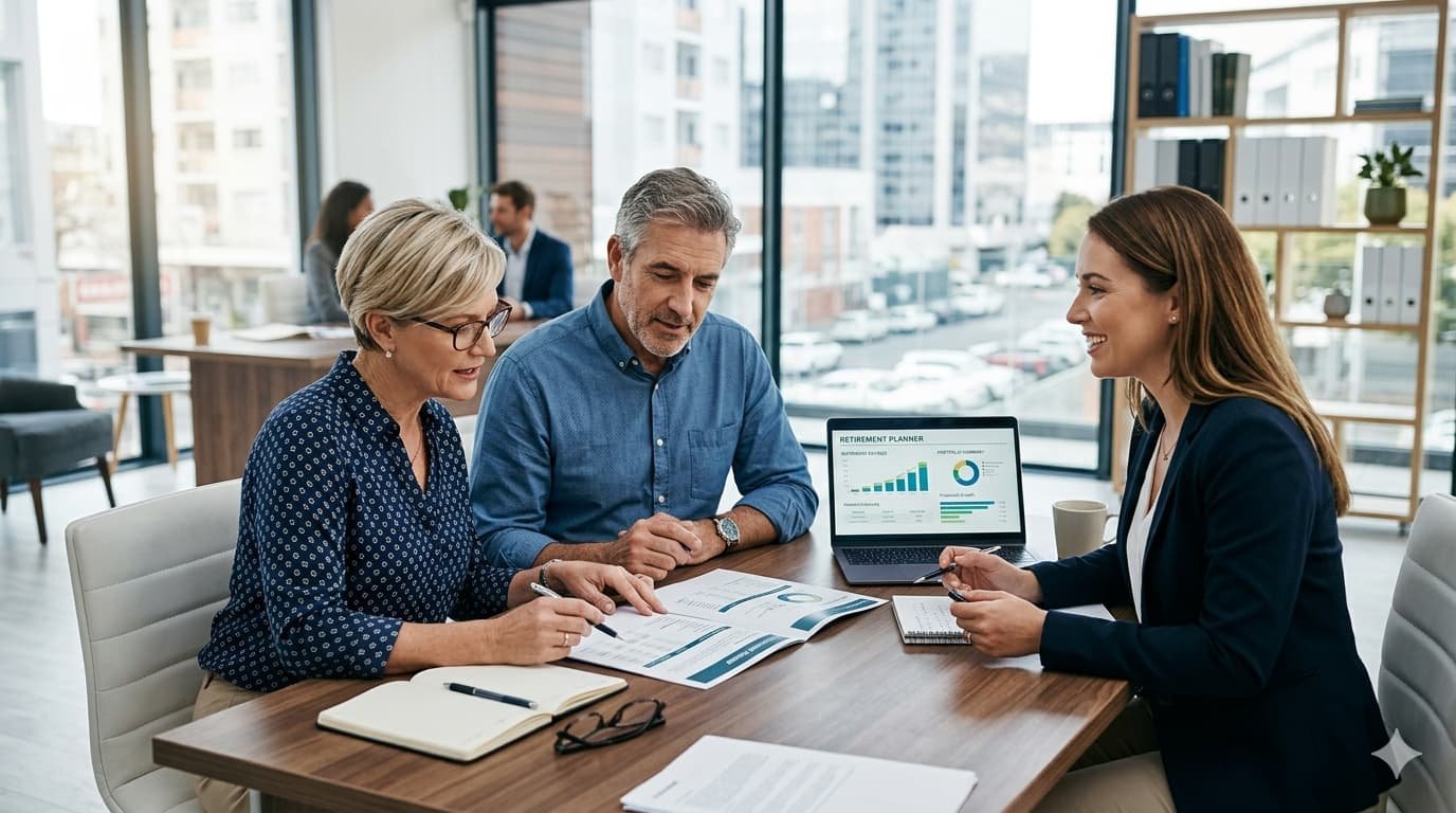 A photorealistic, high-resolution editorial illustration of an American couple in their 50s sitting across a modern desk from a professional financial advisor. The couple is engaged in reviewing financial portfolios and retirement plans. The setting is a bright, professional corporate office environment. Cinematic lighting, sharp focus, 16:9 aspect ratio, suitable for a high-quality news publication header.