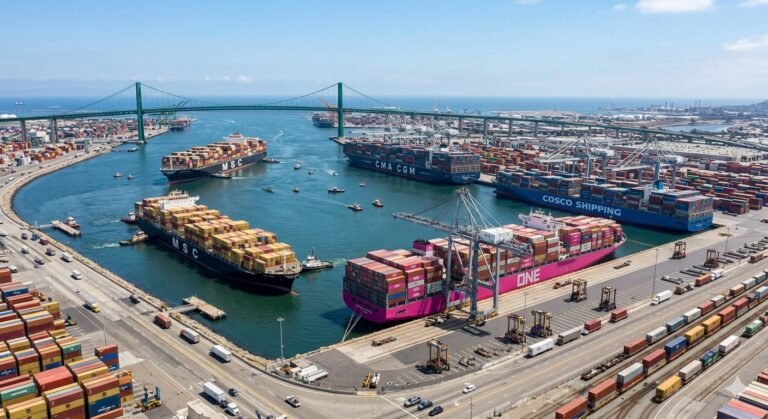 Container ships at U.S. port representing record $1.24 trillion goods trade deficit that widened under Trump tariff regime in 2025