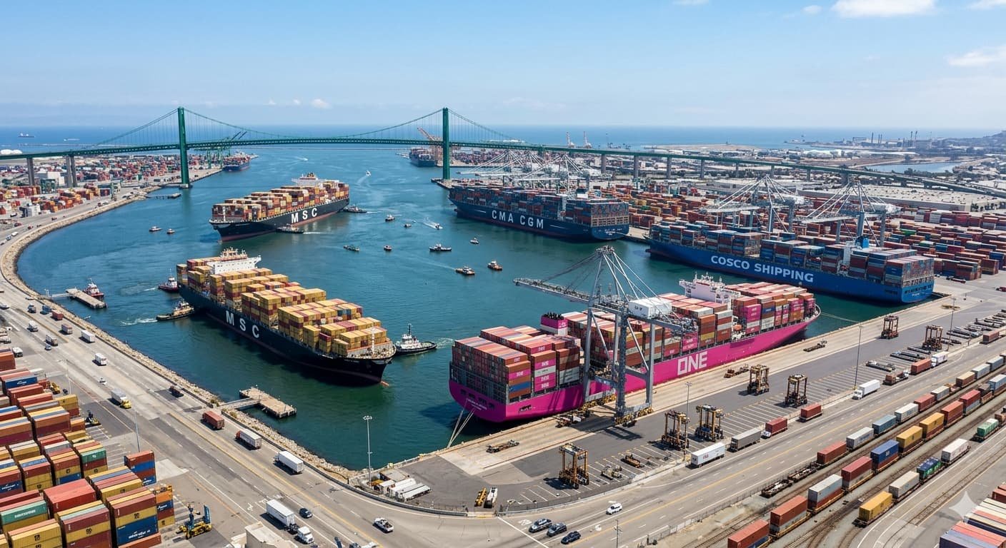 Container ships at U.S. port representing record $1.24 trillion goods trade deficit that widened under Trump tariff regime in 2025