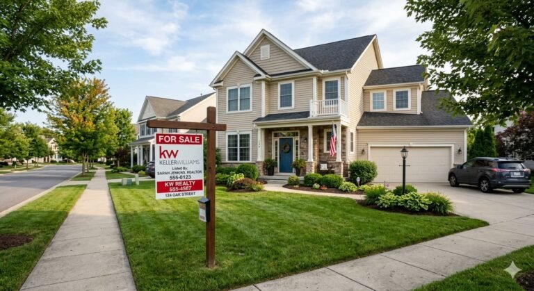 For-sale sign in front of suburban American home showing rising inventory in 2026 housing market as lock-in effect eases
