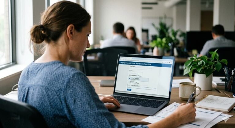 Worker reviewing HSA contribution election form on laptop showing 2026 limit of $4,400 for self-only and $8,750 for family high-deductible health plan enrollment