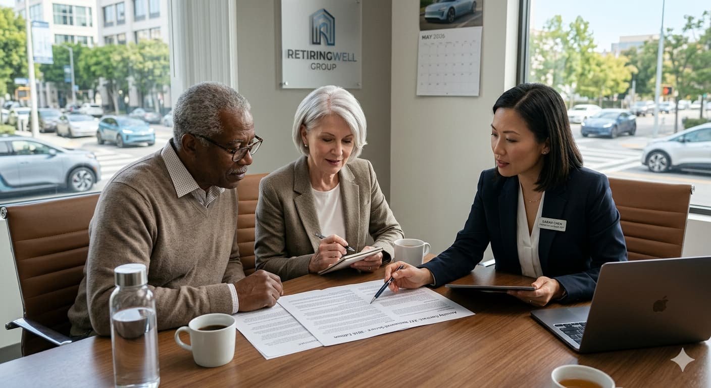 Retired couple reviewing annuity contract with financial advisor representing record $461 billion in annuity sales in 2025 and 20-year high fixed annuity rates in 2026