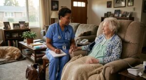 Hospice nurse visiting elderly patient at home as Medicare Part A covers hospice care with no deductible and prescription drug copays capped at five dollars per prescription in 2026
