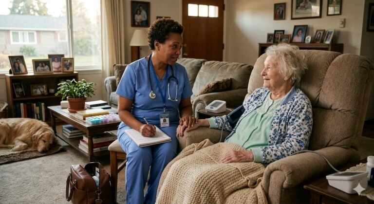 Hospice nurse visiting elderly patient at home as Medicare Part A covers hospice care with no deductible and prescription drug copays capped at five dollars per prescription in 2026