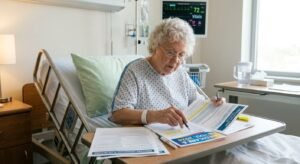 Senior patient in hospital bed reviewing Medicare Part A cost documents showing $1,736 deductible per benefit period and $434 daily coinsurance after day 60 in 2026