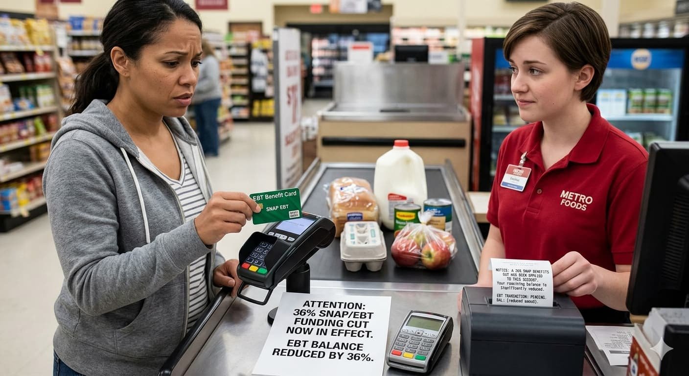 Grocery store SNAP EBT card transaction representing 36% SNAP funding cut and 2.4 million fewer participants under One Big Beautiful Bill Act 2026