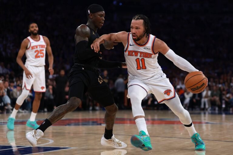 Jalen Brunson of New York Knicks celebrating 38-point performance after erasing 22-point fourth-quarter deficit to beat Cleveland Cavaliers 115-104 in overtime in ECF Game 1 at Madison Square Garden May 19 2026