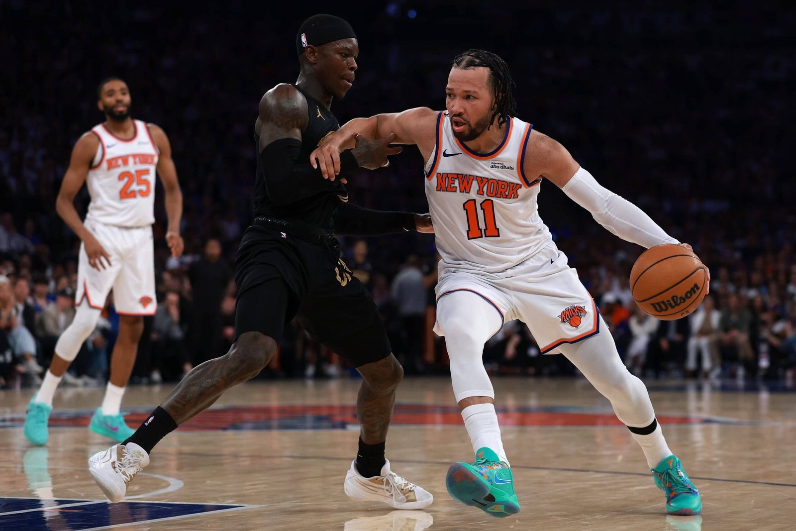 Jalen Brunson of New York Knicks celebrating 38-point performance after erasing 22-point fourth-quarter deficit to beat Cleveland Cavaliers 115-104 in overtime in ECF Game 1 at Madison Square Garden May 19 2026