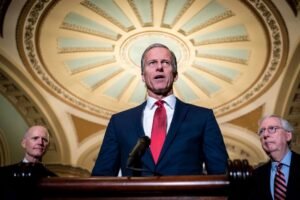 Senate Majority Leader John Thune speaking on Senate floor as One Big Beautiful Bill arrives from House with three Republican holdouts threatening passage May 2026