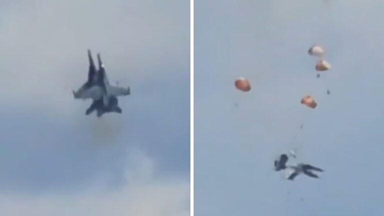 Four parachutes visible in Idaho sky as all crew members eject safely from two colliding Navy EA-18G Growler jets during Mountain Home air show May 2026