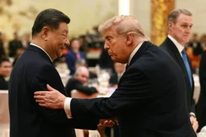 Trump and Xi Jinping shaking hands at Great Hall of the People Beijing summit May 2026