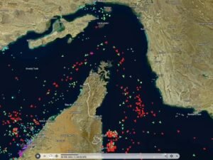 Map showing Strait of Hormuz still closed to commercial shipping while US-Iran peace framework talks continue through Pakistani and Qatari intermediaries May 2026