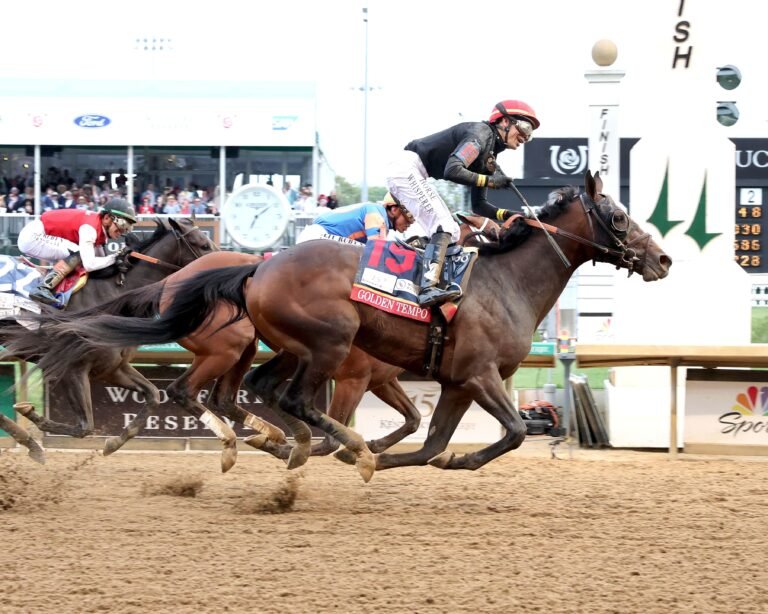 Golden Tempo crossing finish line at Churchill Downs to win 152nd Kentucky Derby at 23-1 odds as jockey Jose Ortiz guides horse from last place to victory May 2 2026