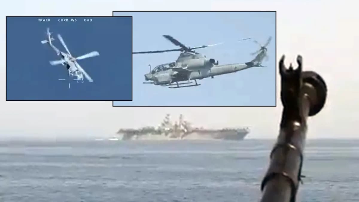 US Navy attack helicopter over Strait of Hormuz after sinking six Iranian fast attack boats during Project Freedom Day One escort operation May 4 2026