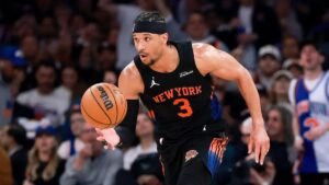 Josh Hart of the New York Knicks celebrating playoff career-high 26 points during Game 2 Eastern Conference Finals blowout win over Cleveland Cavaliers at Madison Square Garden May 22 2026