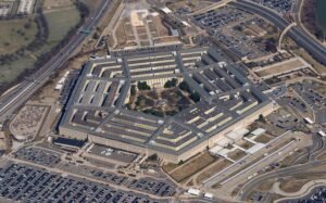 Pentagon building in Washington DC as Department of Defense releases over 160 previously classified UFO UAP files including Apollo mission footage and FBI records May 8 2026