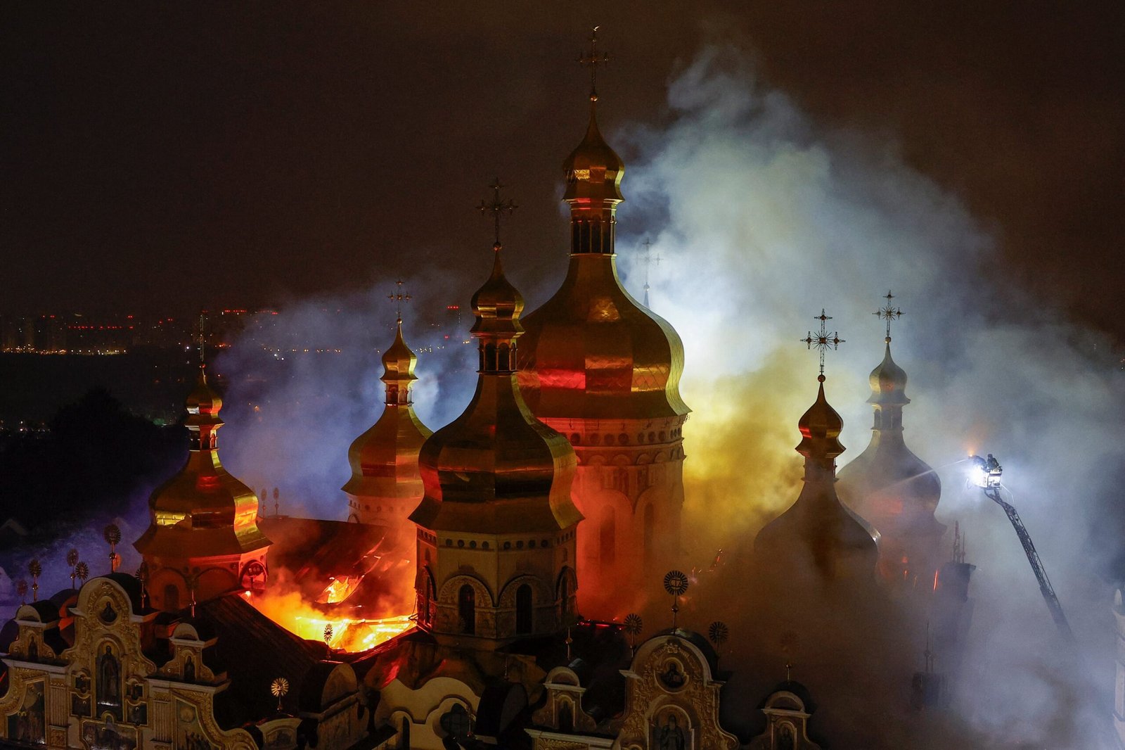 Firefighters battling blaze at Dormition Cathedral of Kyiv Pechersk Lavra Monastery of the Caves after Russian missile strike June 15 2026